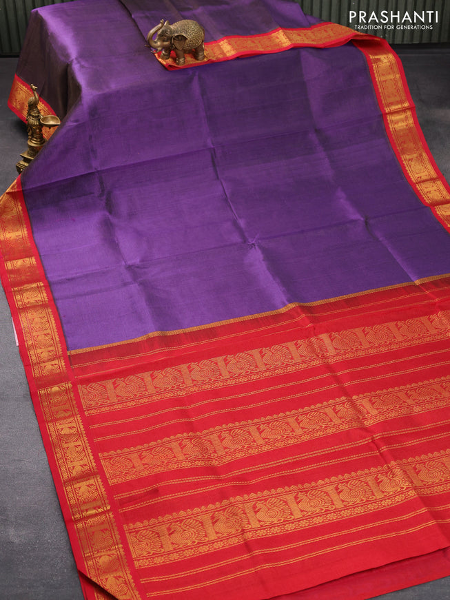 Silk cotton saree violet and red with allover vairosi pattern and annam zari woven korvai border