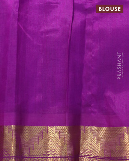 Silk cotton saree dual shade of teal blue and purple with rudhraksha zari woven buttas and temple design zari woven korvai border