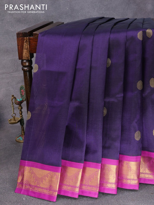 Silk cotton saree navy blue and purple with rudhraksha zari woven buttas and temple design zari woven korvai border