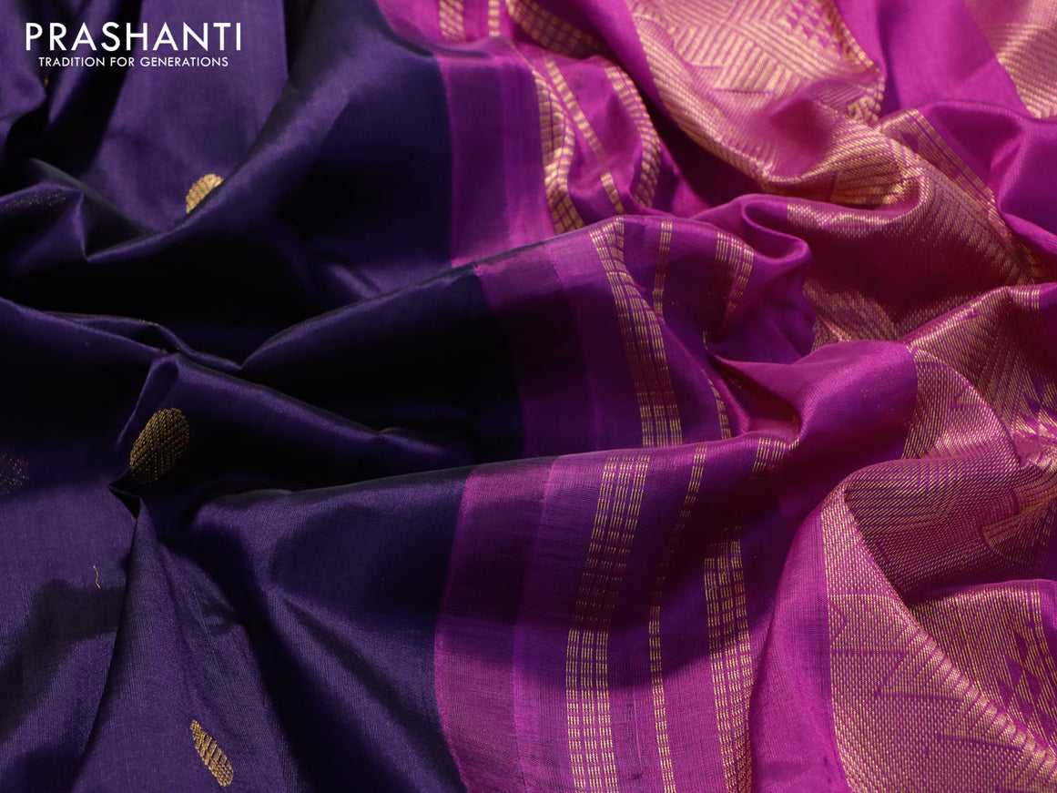 Silk cotton saree navy blue and purple with rudhraksha zari woven buttas and temple design zari woven korvai border