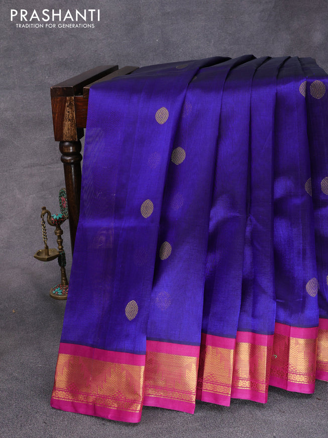 Silk cotton saree blue and purple with rudhraksha zari woven buttas and temple design zari woven korvai border