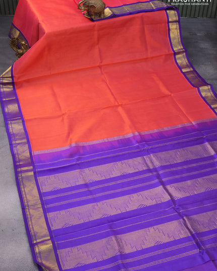 Silk cotton saree dual shade of pinkish orange and blue with allover vairosi pattern and temple design zari woven korvai border