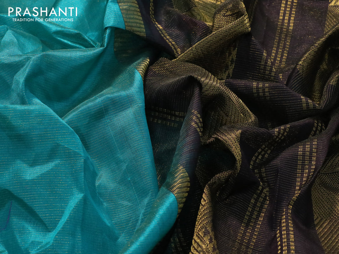 Silk cotton saree teal blue and black with allover vairosi pattern and temple design zari woven korvai border
