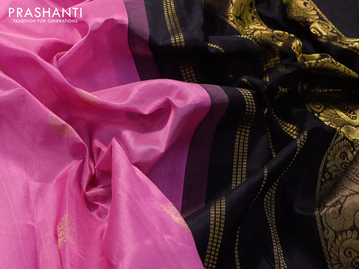 Silk cotton saree pink shade and black with annam zari woven buttas and annam & paisley zari woven border