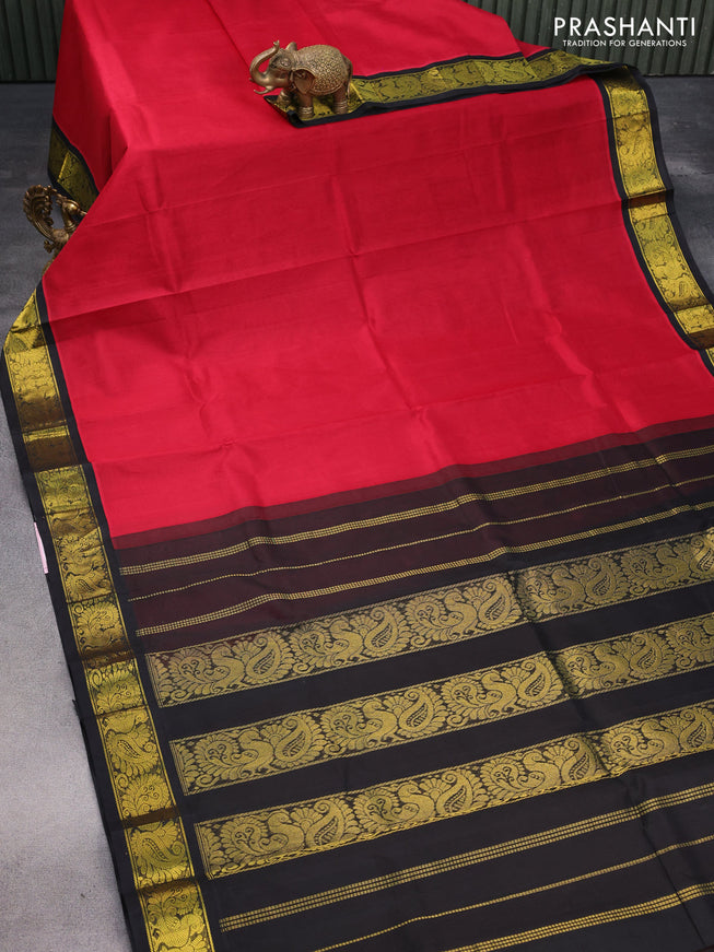 Silk cotton saree maroon and black with plain body and annam & paisley zari woven border