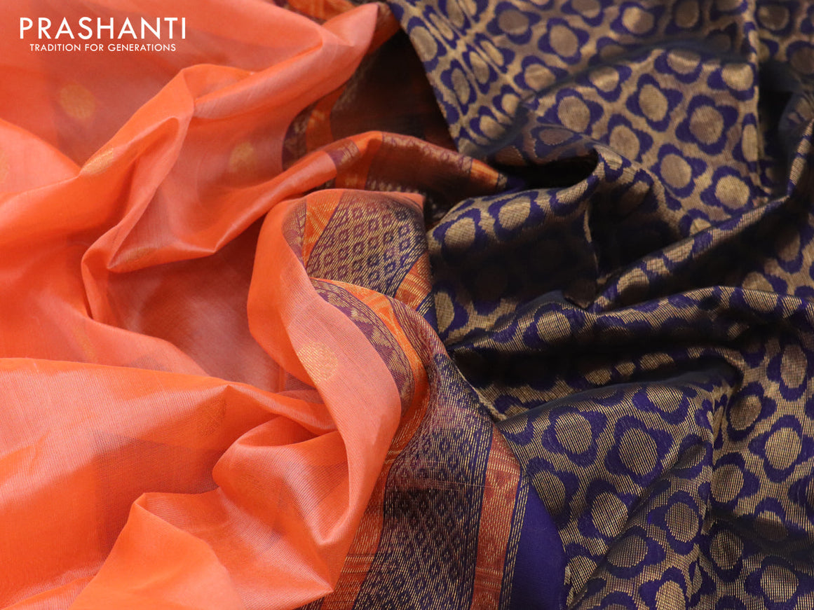Silk cotton saree peach orange and navy blue with rudhraksha zari woven buttas and zari woven korvai border