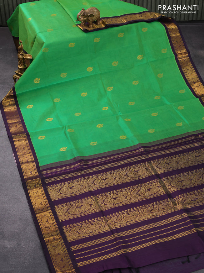 Silk cotton saree green and jamun shade with annam zari woven buttas and annam zari woven korvai border
