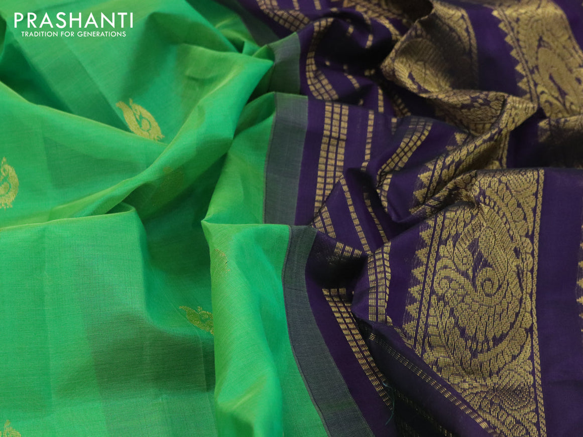 Silk cotton saree green and jamun shade with annam zari woven buttas and annam zari woven korvai border