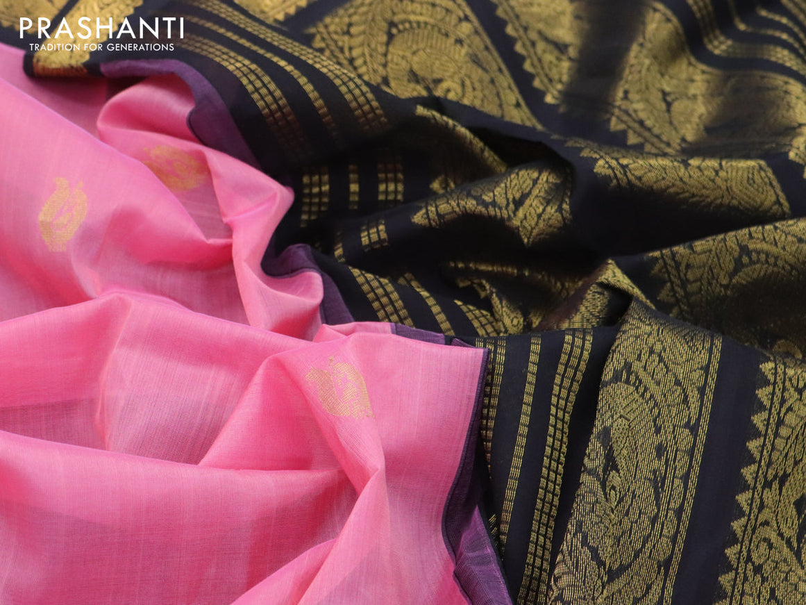 Silk cotton saree light pink and black with annam zari woven buttas and annam zari woven korvai border