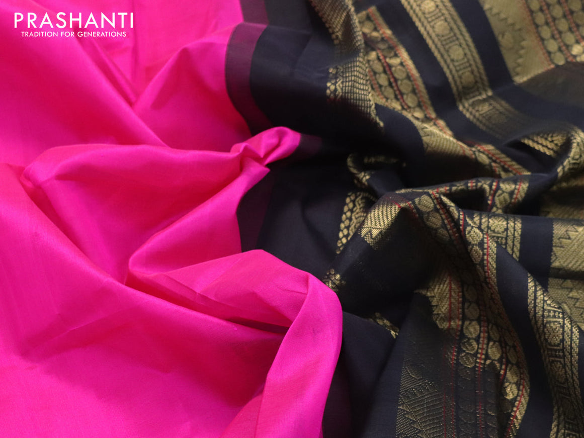 Silk cotton saree magenta pink and black with plain body and zari woven korvai border