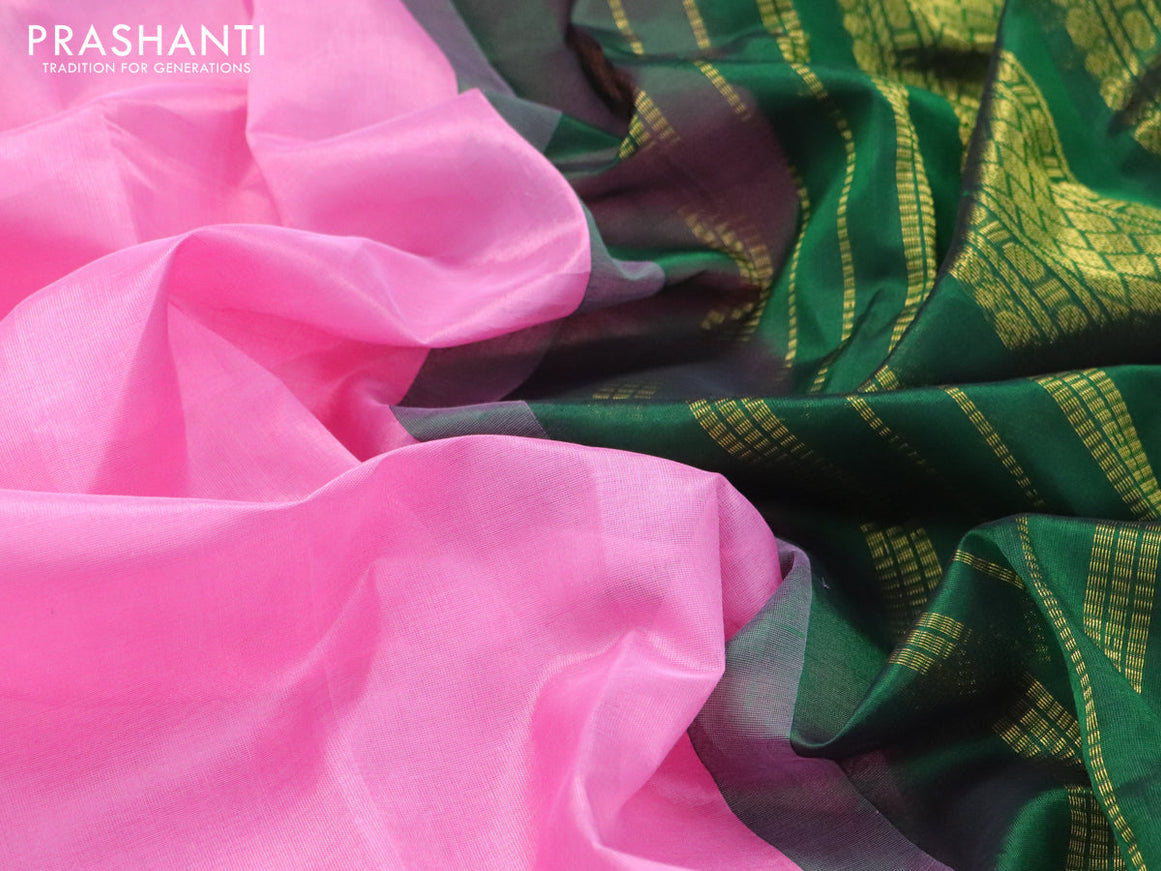 Silk cotton saree light pink and green with plain body and zari woven korvai border