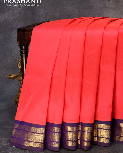 Silk cotton saree candy pink and blue with plain body and zari woven korvai border