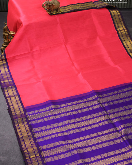 Silk cotton saree candy pink and blue with plain body and zari woven korvai border