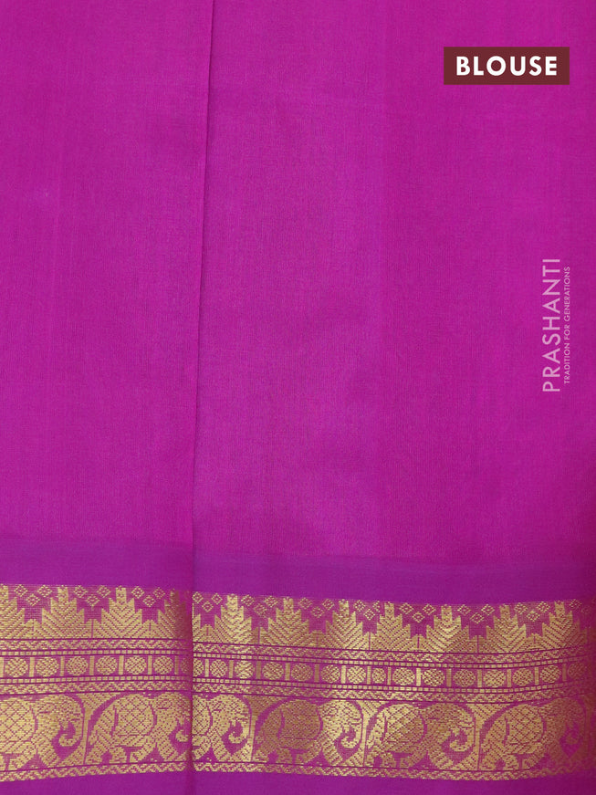 Silk cotton saree pastel peach and purple with plain body and zari woven korvai border