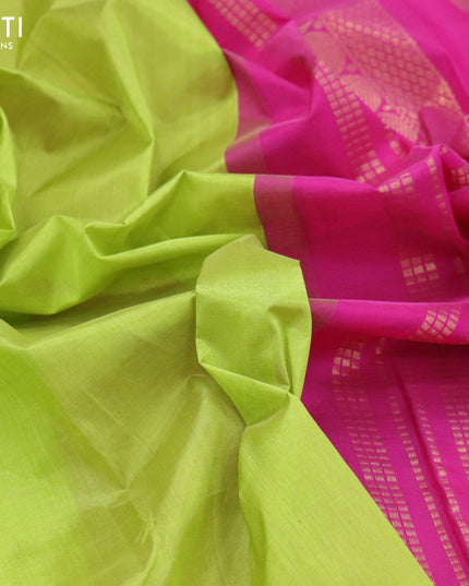 Silk cotton saree lime green and pink with plain body and zari woven korvai border