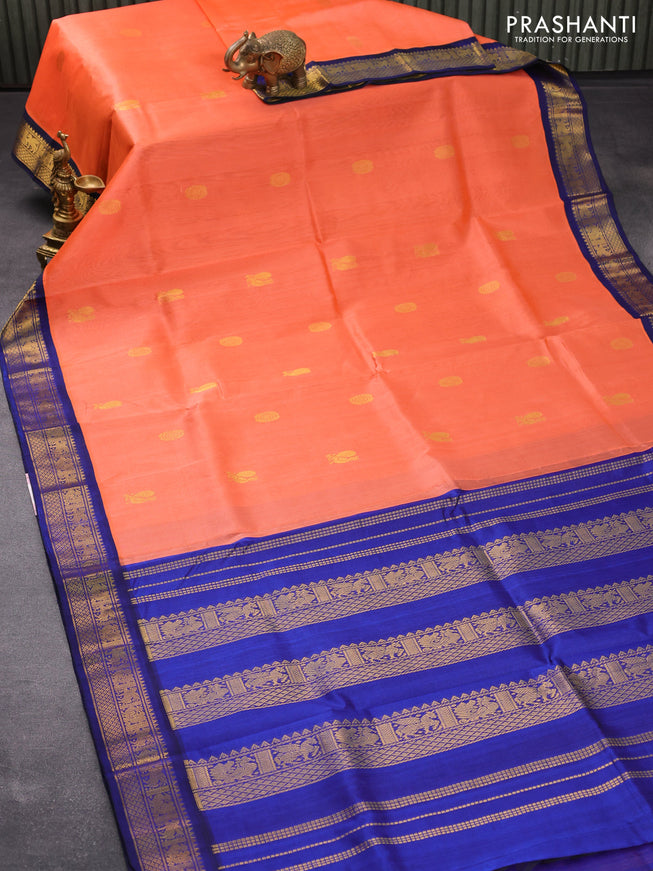 Silk cotton saree peach orange and blue with annam zari woven buttas and zari woven korvai border