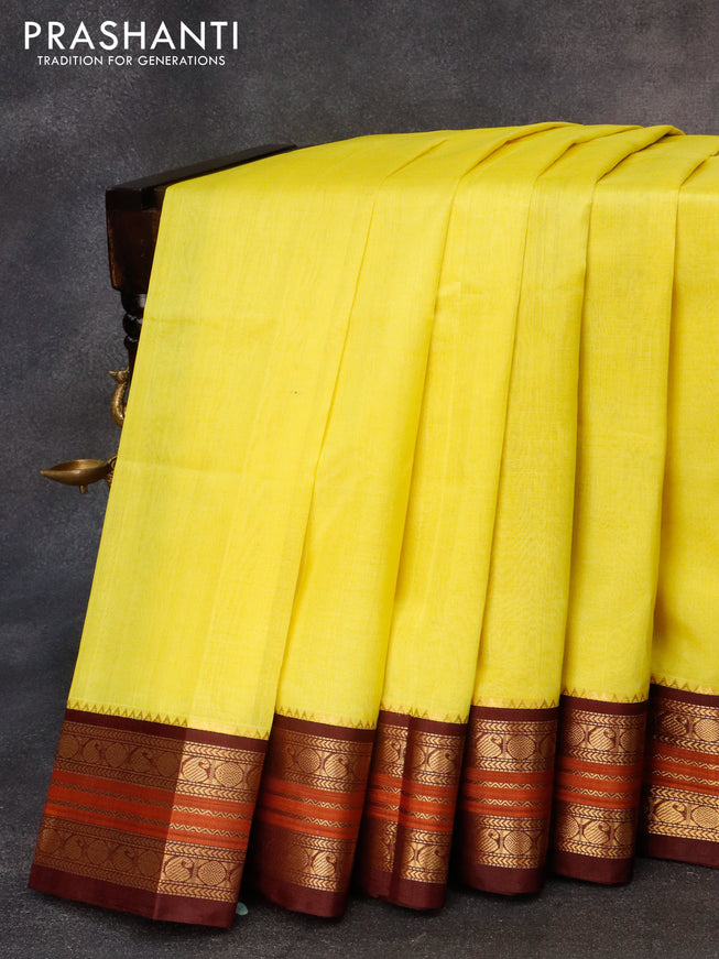 Silk cotton saree lime yellow and deep maroon with plain body and zari woven rudhraksha border