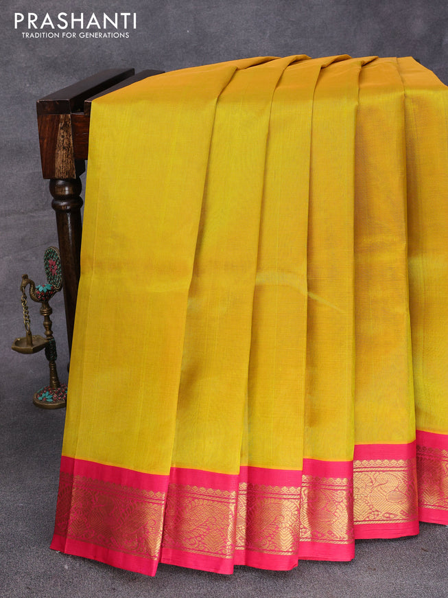 Silk cotton saree dual shade of yellow and pink with plain body and annam zari woven korvai border
