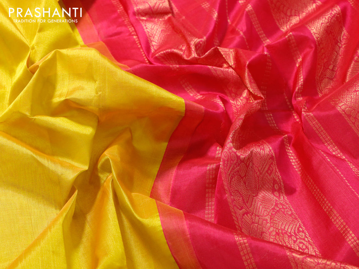 Silk cotton saree dual shade of yellow and pink with plain body and annam zari woven korvai border