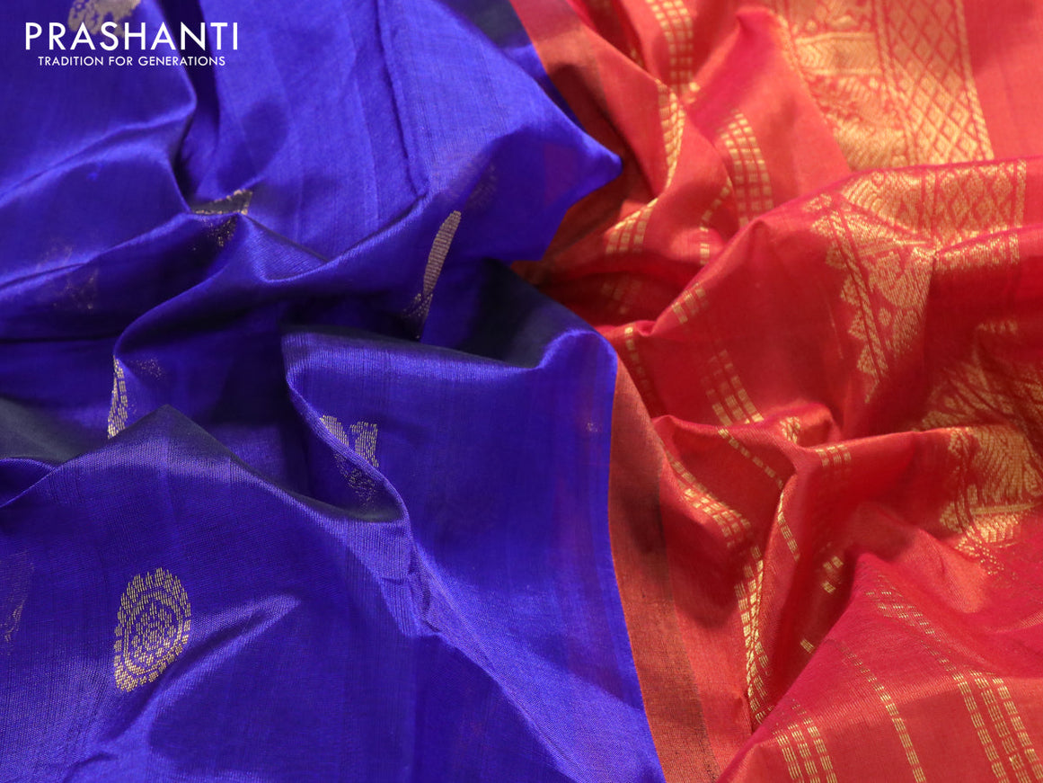Silk cotton saree royal blue and rust shade with zari woven buttas and zari woven korvai border