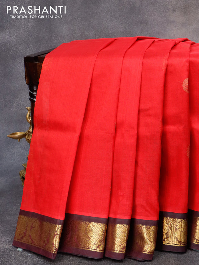 Silk cotton saree red and wine shade with zari woven buttas and annam zari woven korvai border