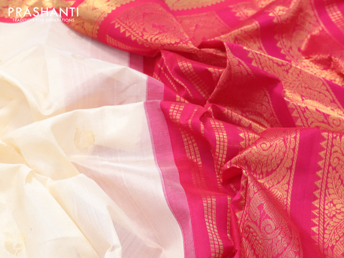 Silk cotton saree off white and dark pink with annam zari woven buttas and zari woven korvai border