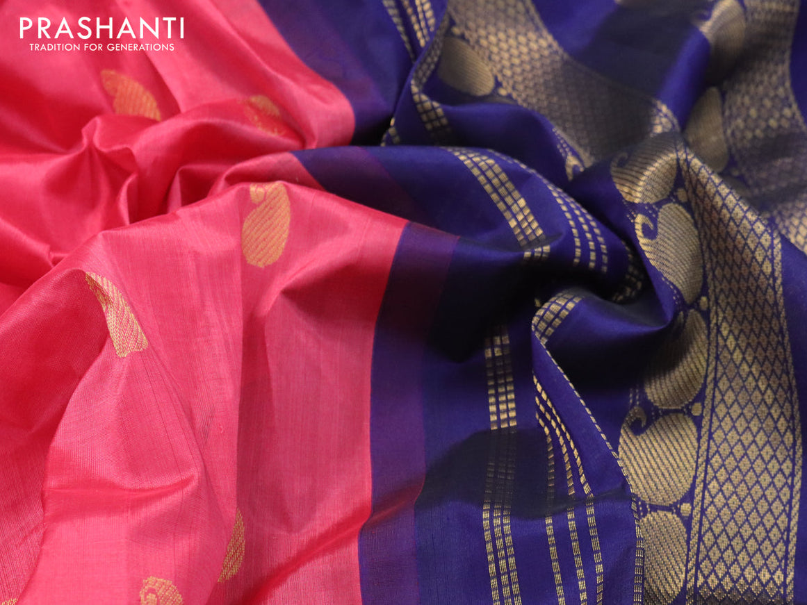 Silk cotton saree pink shade and blue with paisley zari woven buttas and zari woven korvai border