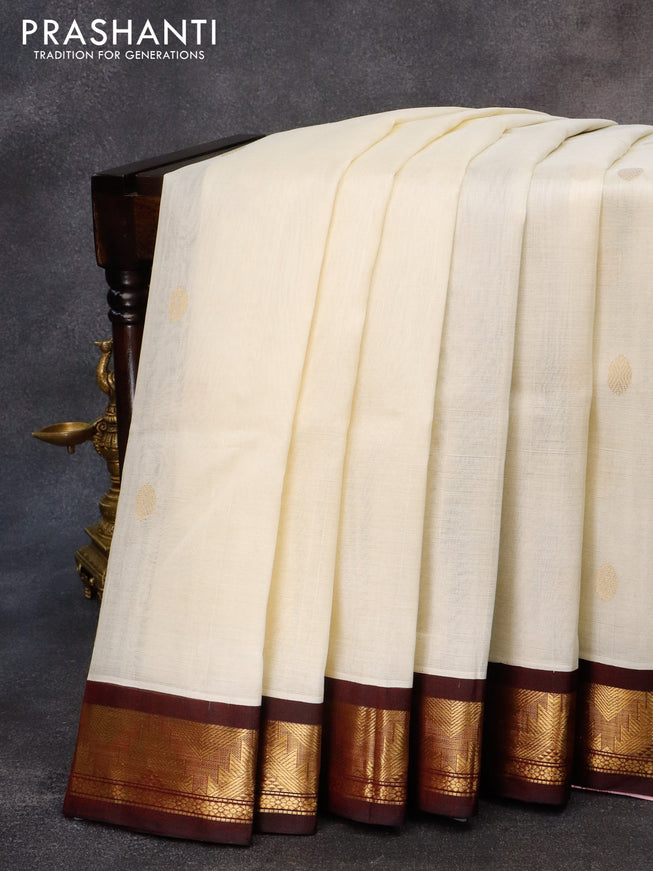 Silk cotton saree off white and maroon with rudhraksha zari woven buttas and temple zari woven korvai border