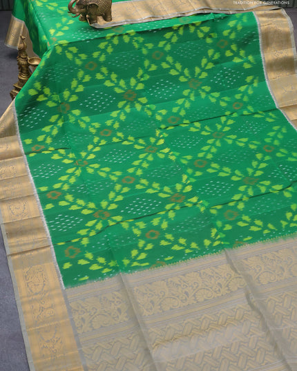 Ikat soft silk saree green and grey shade with allover ikat weaves and floral zari woven border