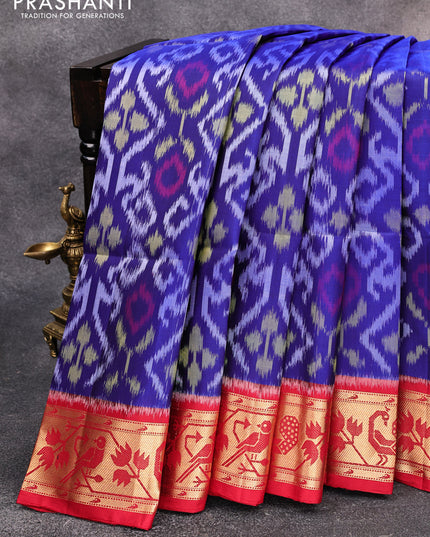 Ikat soft silk saree royal blue and red with allover ikat weaves and zari woven border