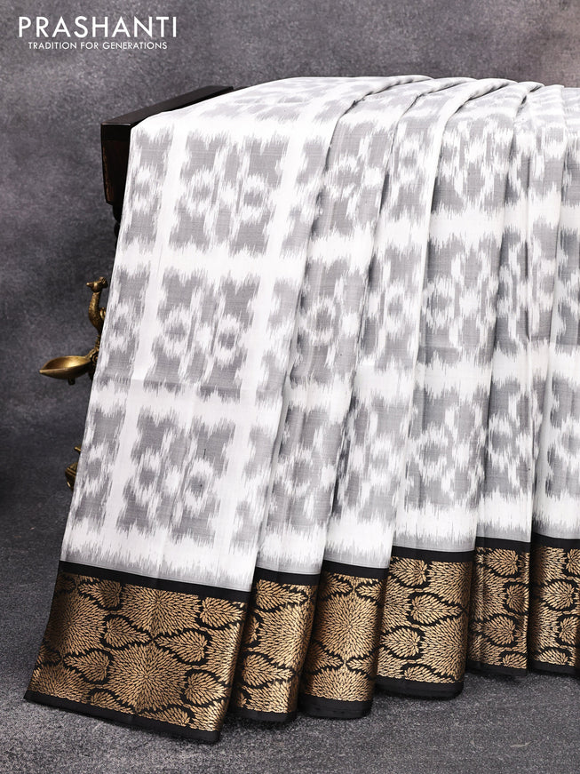 Ikat soft silk saree off white grey and black with allover ikat weaves and zari woven border
