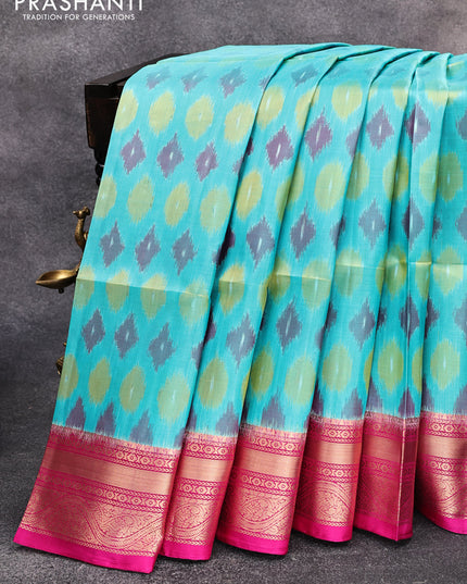 Ikat soft silk saree teal blue and pink with allover ikat weaves and zari woven border