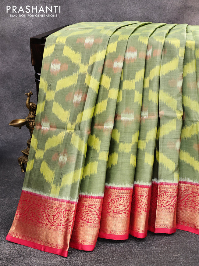 Ikat soft silk saree pastel green and pink with allover ikat weaves and leaf zari woven border