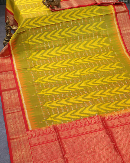Ikat soft silk saree yellow and red with allover ikat weaves and zari woven border