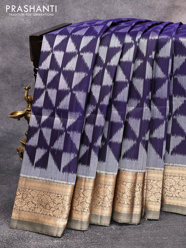 Ikat soft silk saree navy blue and grey shade with allover ikat weaves and floral zari woven border