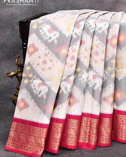 Ikat soft silk saree off white grey and dual shade of pink with allover ikat weaves and zari woven parrot border