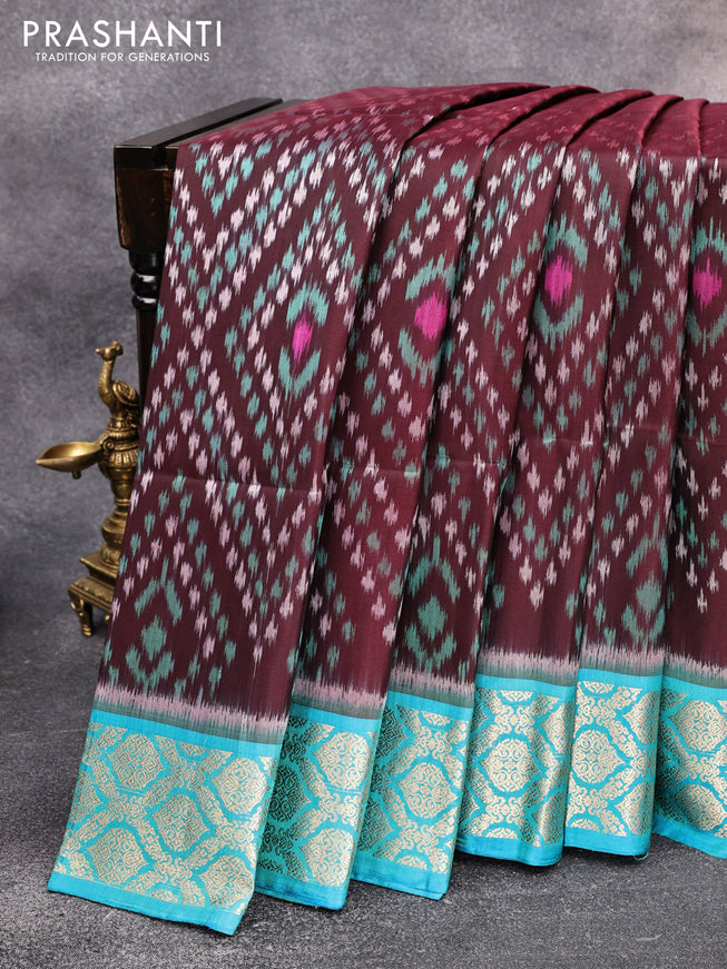 Ikat soft silk saree deep coffee brown and cs blue with allover ikat weaves and zari woven border