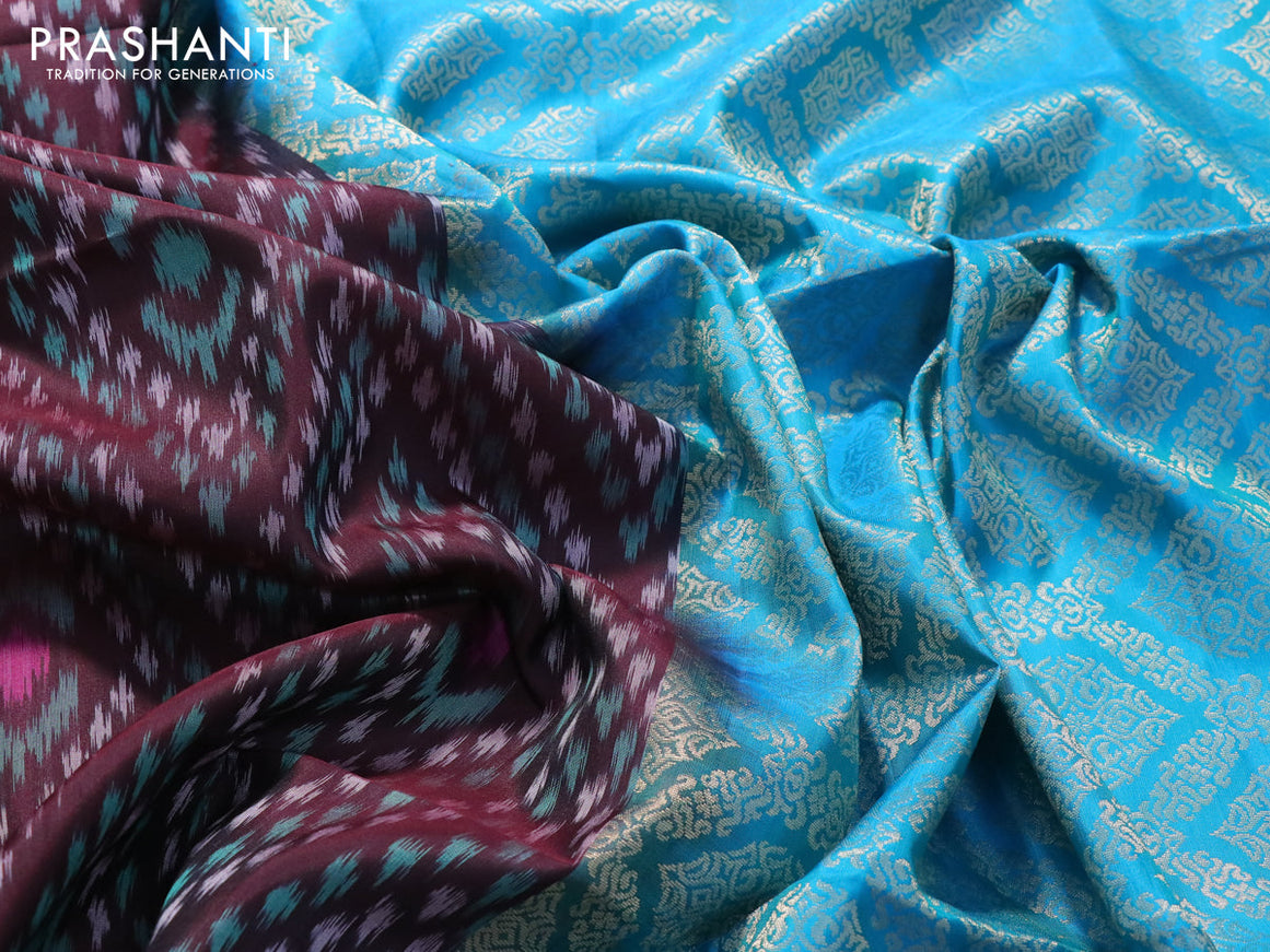 Ikat soft silk saree deep coffee brown and cs blue with allover ikat weaves and zari woven border