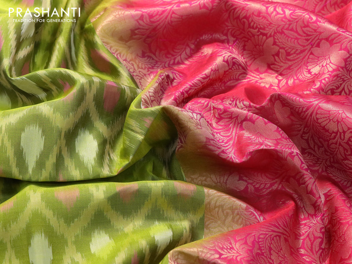 Ikat soft silk saree mehendi green and dual shade of pink with allover ikat weaves and floral zari woven border