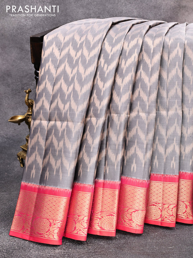 Ikat soft silk saree grey and dual shade of pinkish orange with allover ikat weaves and zari woven border