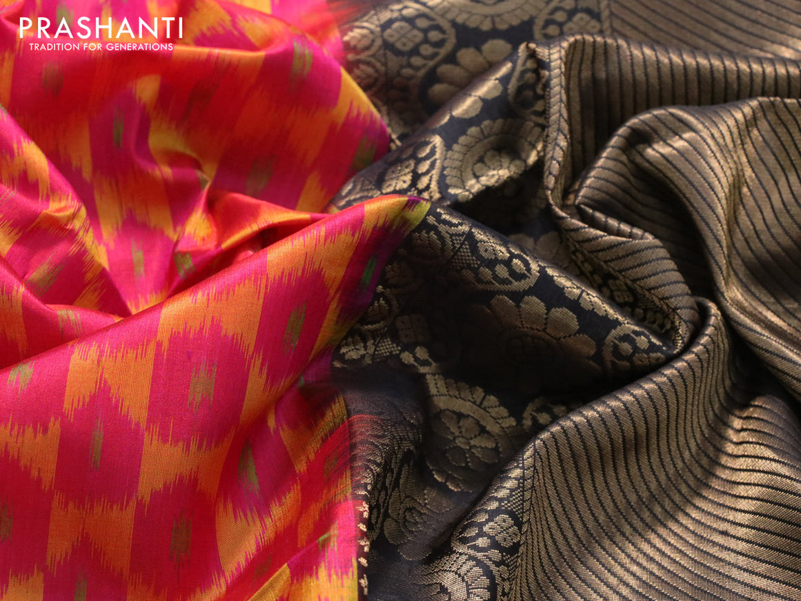 Ikat soft silk saree mustard yellow pink and black with allover ikat weaves and zari woven parrot border