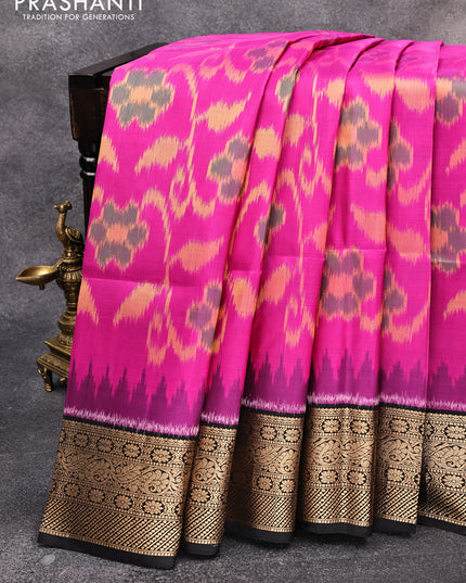 Ikat soft silk saree pink and black with allover ikat weaves and floral zari woven border