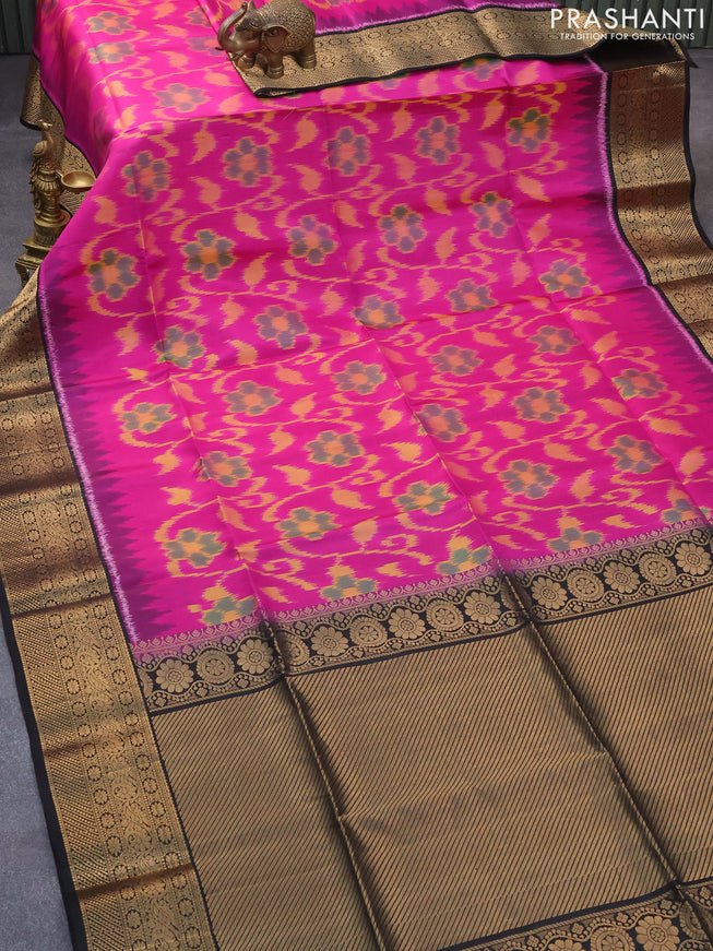 Ikat soft silk saree pink and black with allover ikat weaves and floral zari woven border
