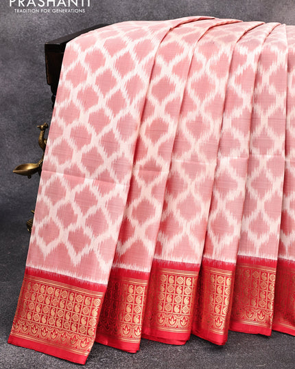 Ikat soft silk saree off white and red with allover ikat weaves and floral zari woven border