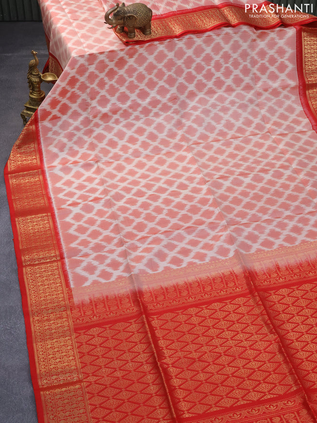 Ikat soft silk saree off white and red with allover ikat weaves and floral zari woven border