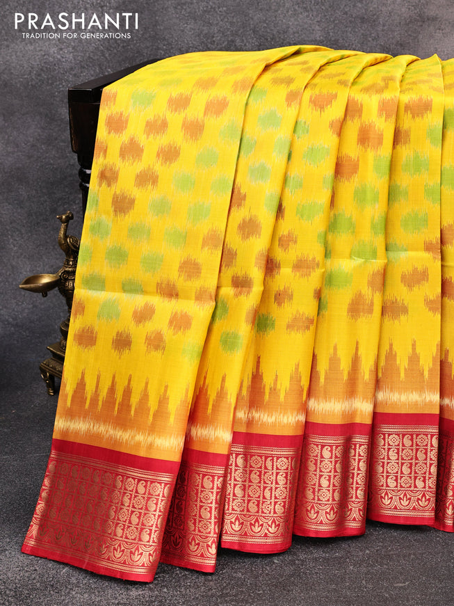 Ikat soft silk saree yellow and red with allover ikat weaves and zari woven border