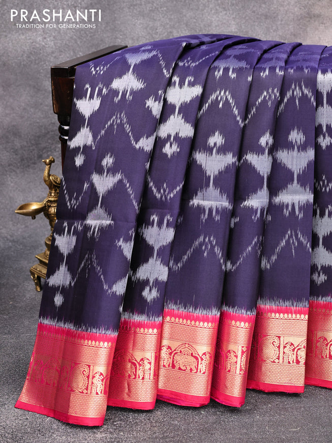 Ikat soft silk saree navy blue and dual shade of pink with allover ikat weaves and zari woven border