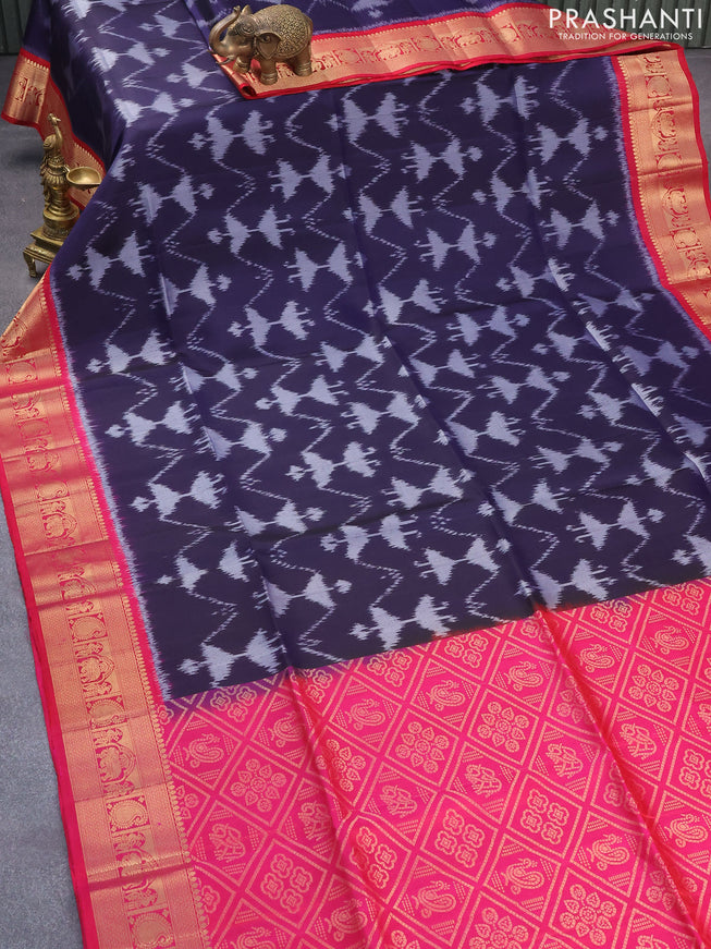 Ikat soft silk saree navy blue and dual shade of pink with allover ikat weaves and zari woven border