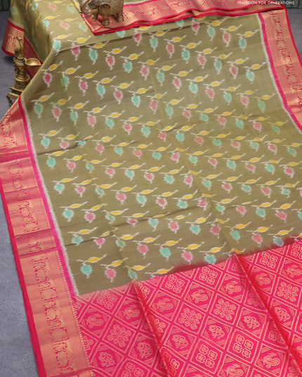 Ikat soft silk saree elaichi green and dual shade of pink with allover ikat weaves and zari woven border