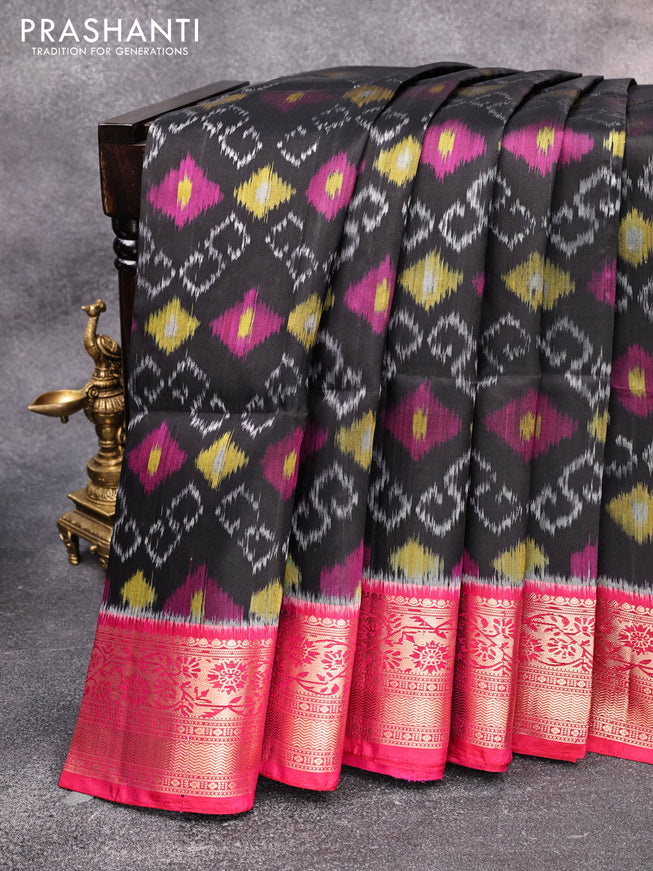 Ikat soft silk saree black and dual shade of pink with allover ikat weaves and floral zari woven border